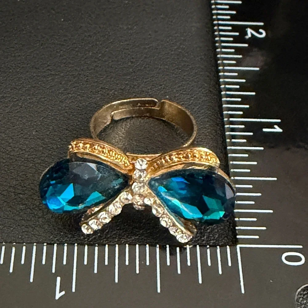 Vintage Rhinestone Ring Butterfly Adjustable Teal Gold Tone